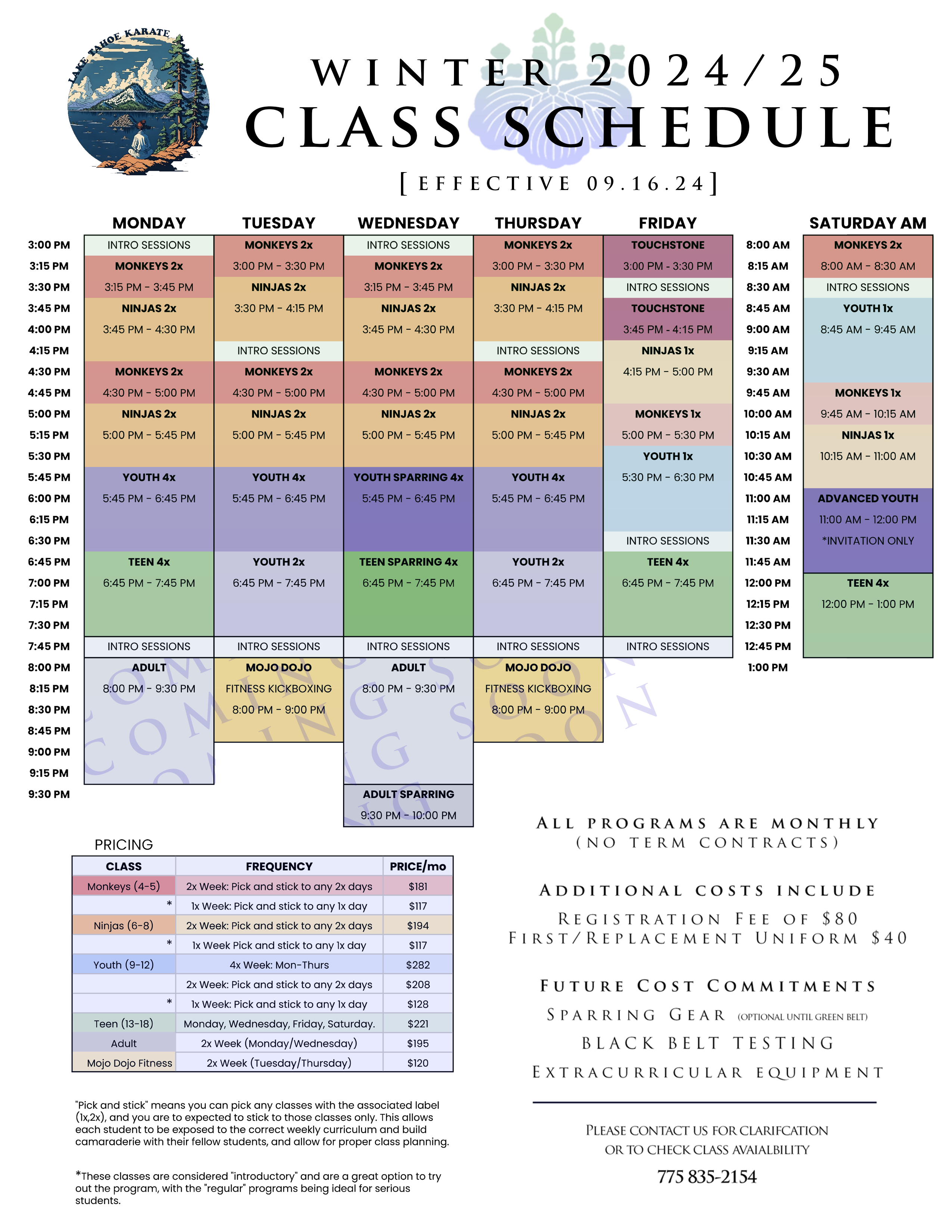 Class schedule and pricing.