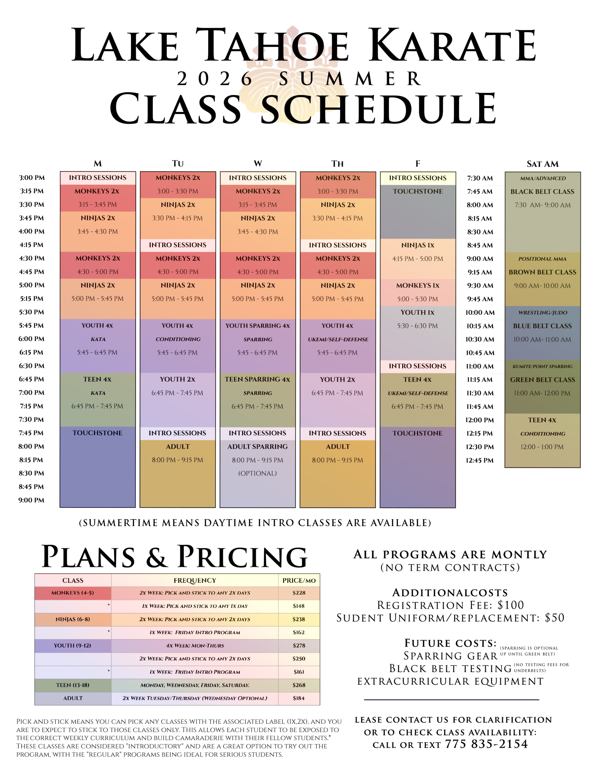 CLASS TIMES AND PRICING FOR KARATE IN INCLINE VILLAGE